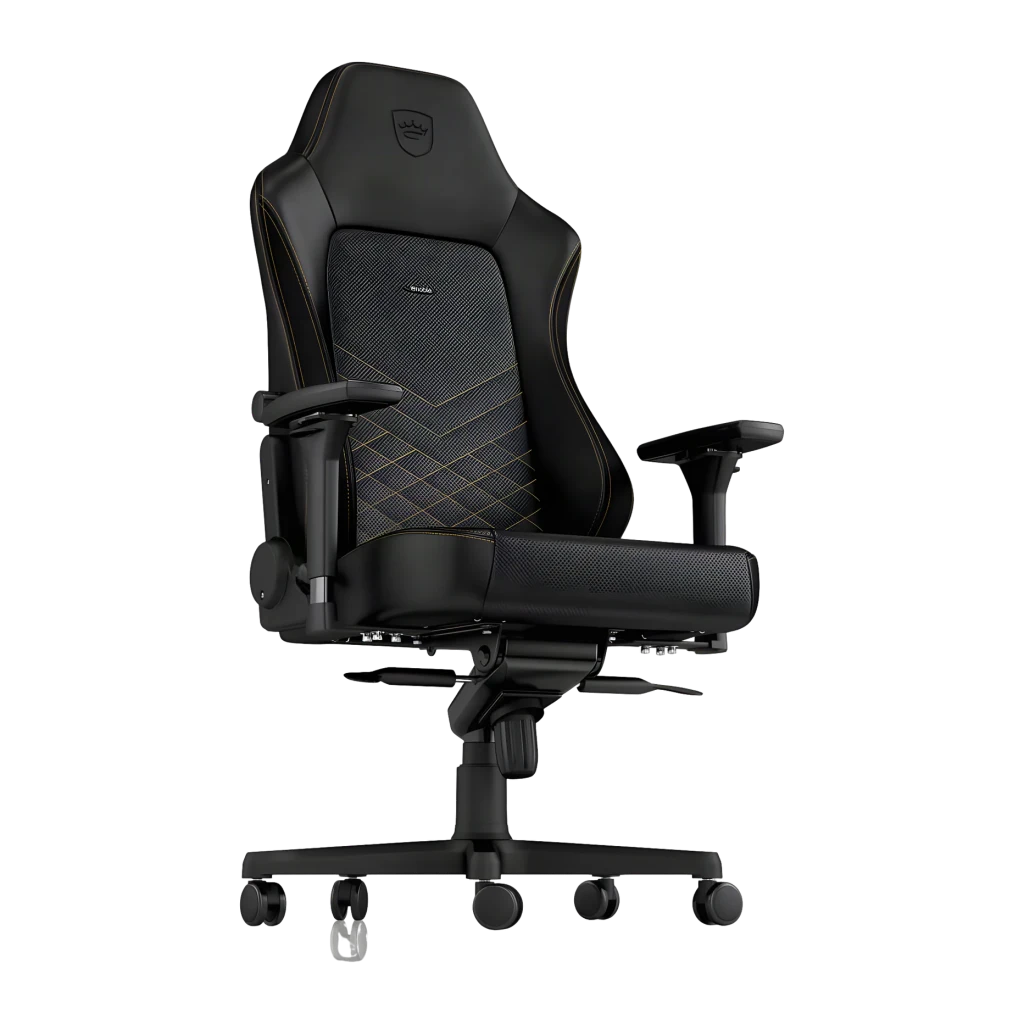 Chaise Gaming noblechairs HERO PU Noir/Or 150 kg Inclinable, détail: surpiqûres or motif losange, accoudoirs 4D et base
