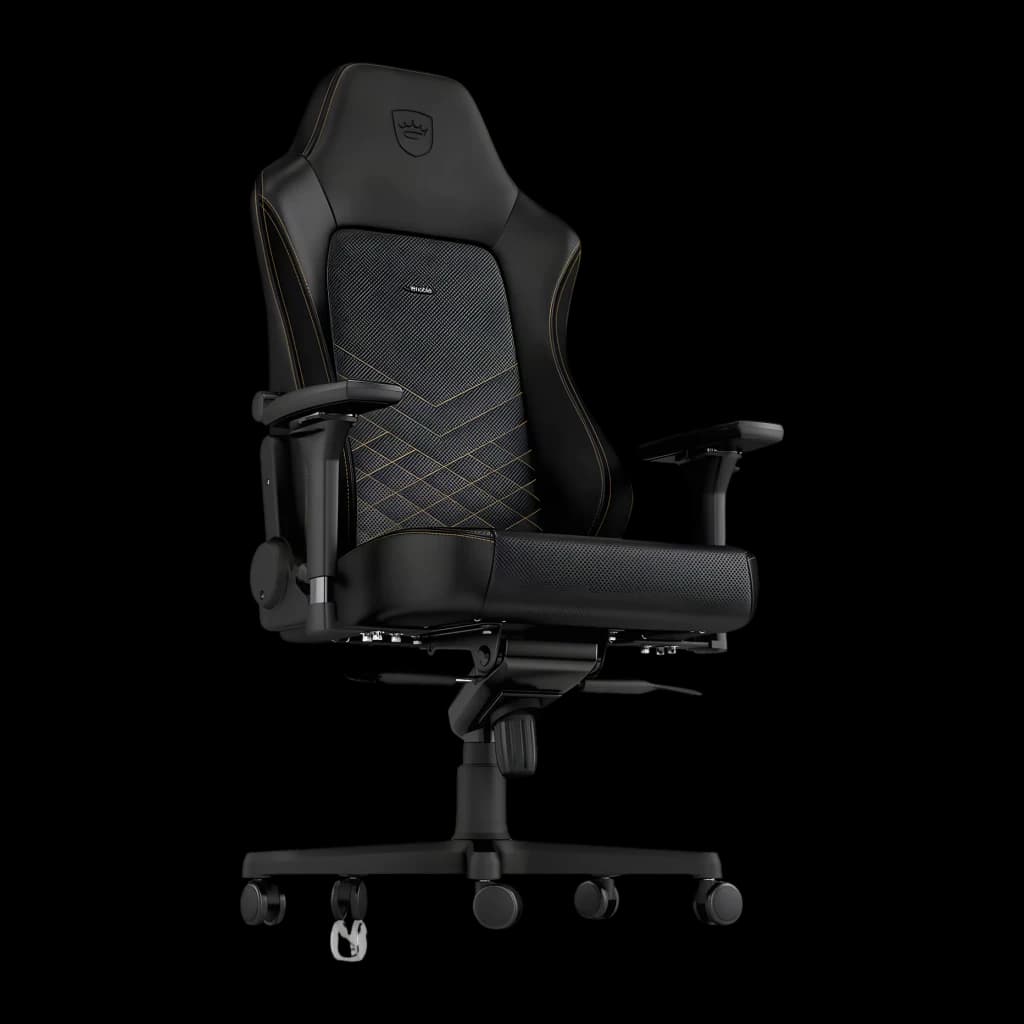 Chaise Gaming noblechairs HERO PU Noir/Or 150 kg Inclinable, détail: surpiqûres or motif losange, accoudoirs 4D et base