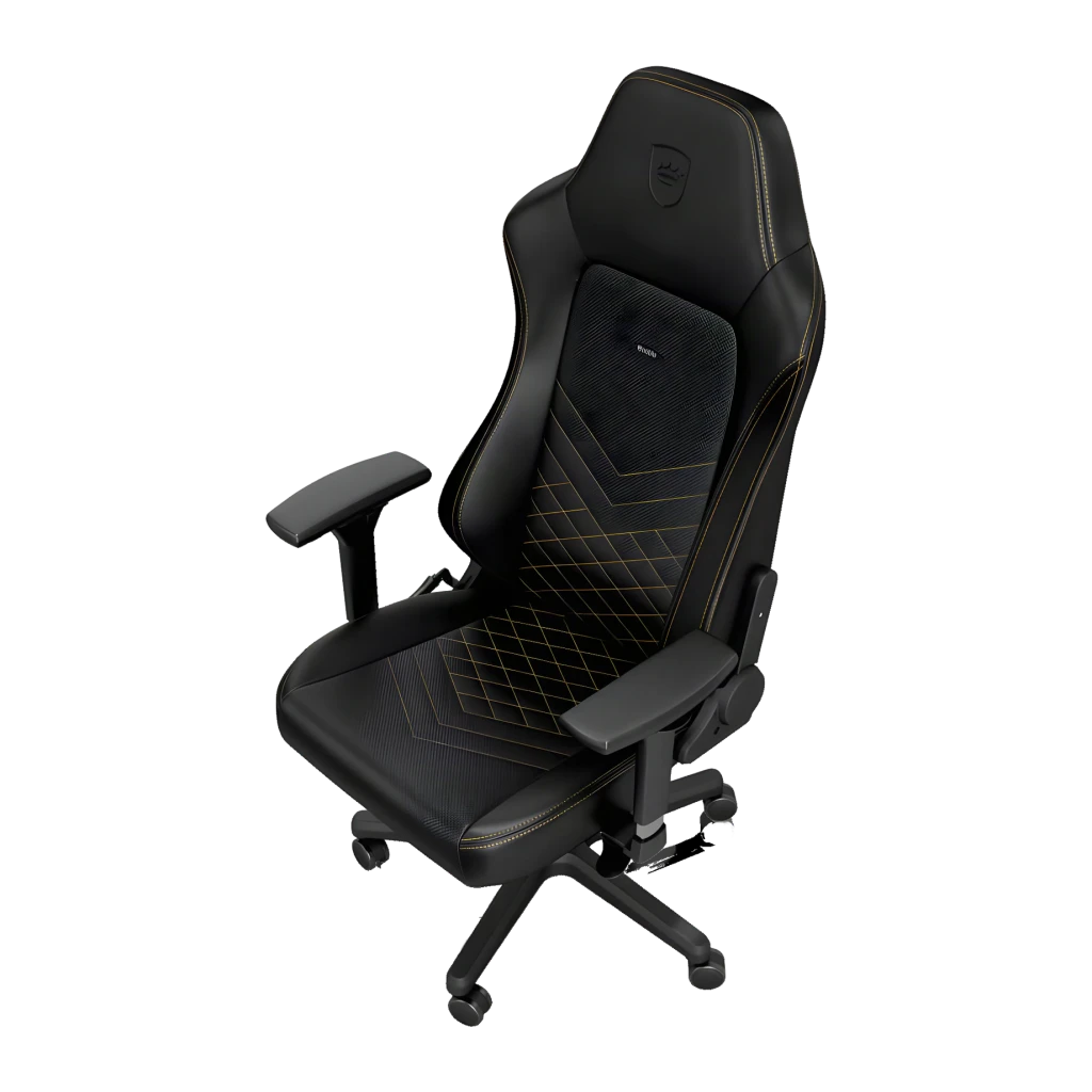 Chaise Gaming noblechairs HERO PU Noir/Or 150 kg Inclinable, détail: coutures dorées en losange et revêtement PU noir