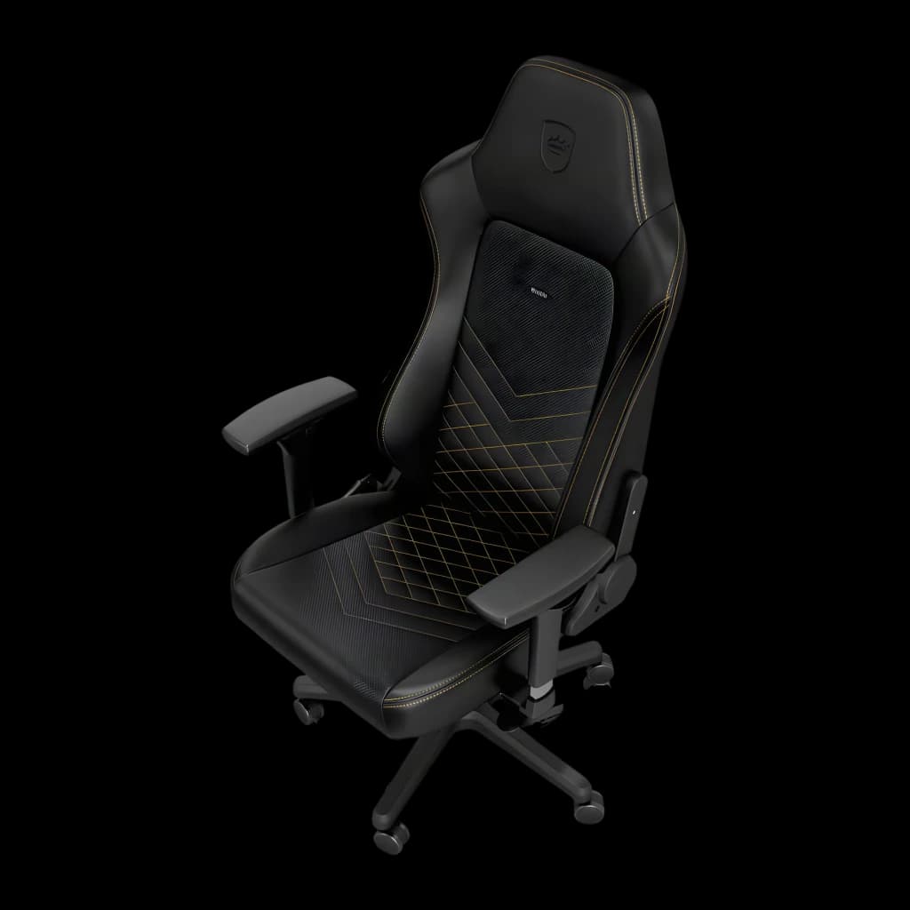 Chaise Gaming noblechairs HERO PU Noir/Or 150 kg Inclinable, détail: coutures dorées en losange et revêtement PU noir
