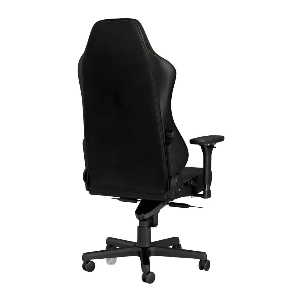 Chaise Gaming noblechairs HERO PU Noir/Or 150 kg Inclinable, vue arrière: dossier haut en PU avec liseré doré, accoudoirs 4D