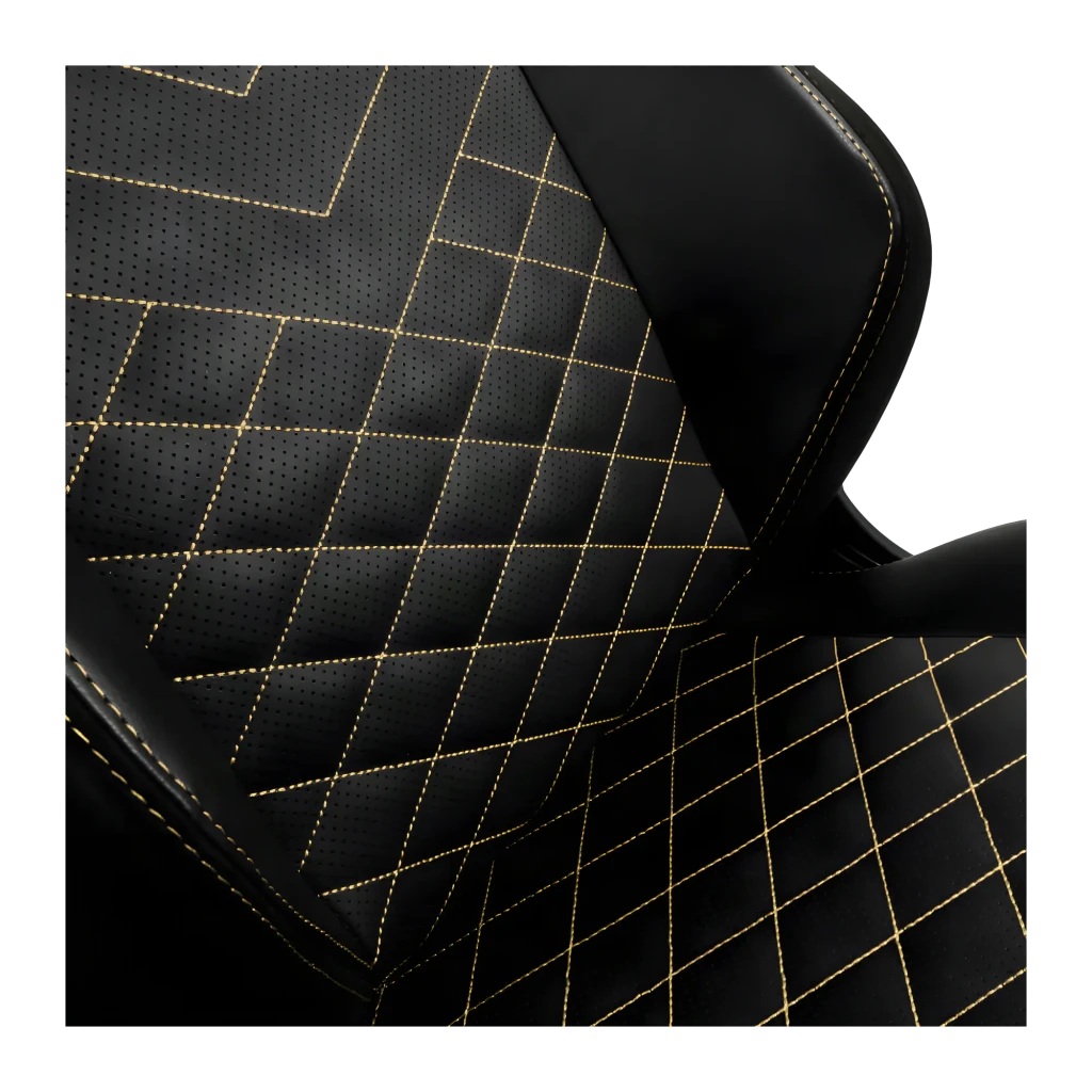 Chaise Gaming noblechairs HERO PU Noir/Or 150 kg Inclinable, détail: surpiqûres or en losange sur PU noir perforé