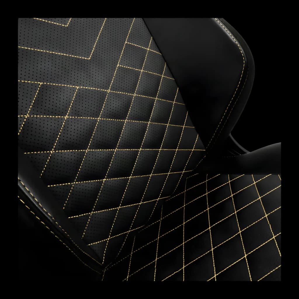 Chaise Gaming noblechairs HERO PU Noir/Or 150 kg Inclinable, détail: surpiqûres or en losange sur PU noir perforé