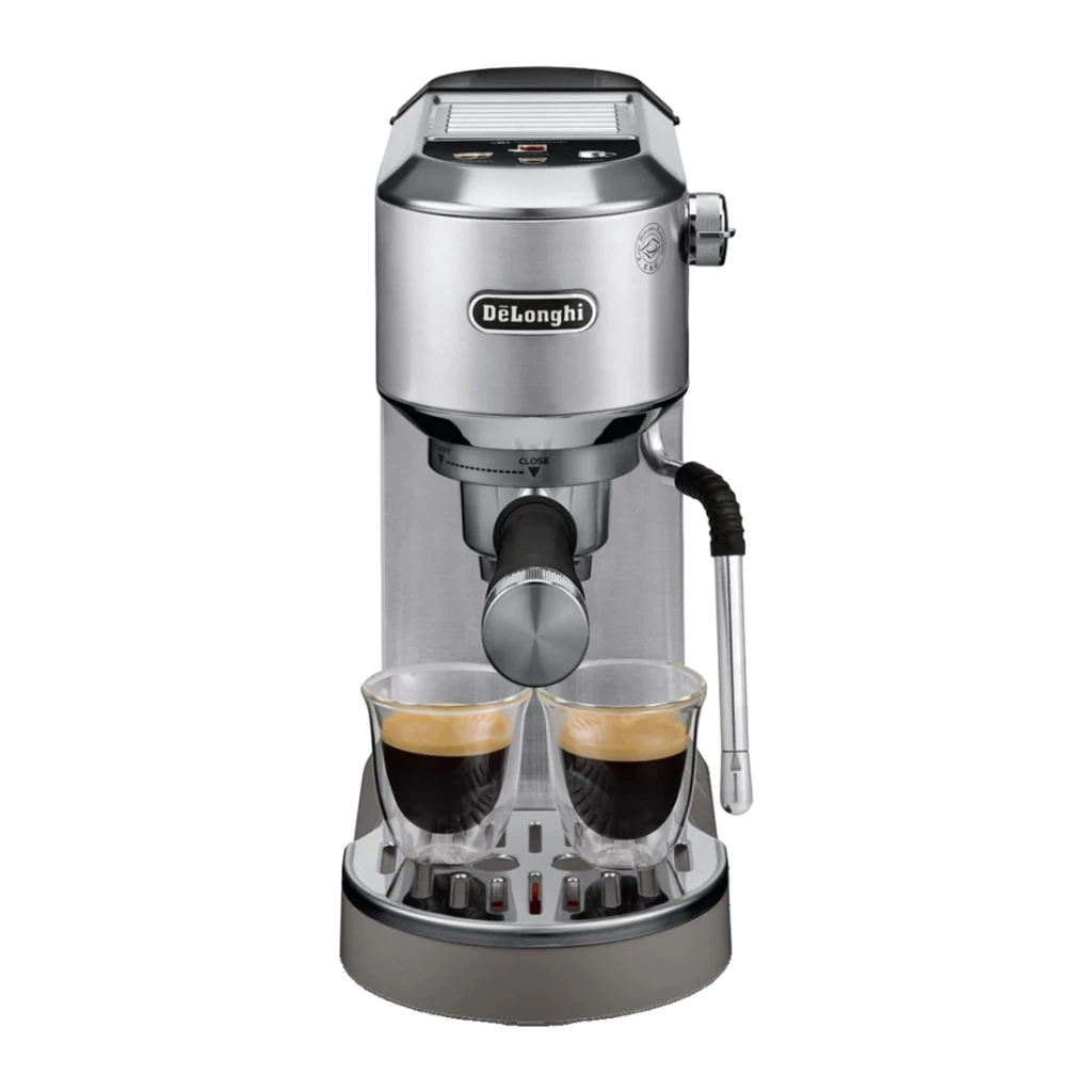 Machine Expresso De'Longhi Dedica Duo 1,1L Buse vapeur manuelle Café moulu et dosettes ESE Argent EC890.M, détail face: deux