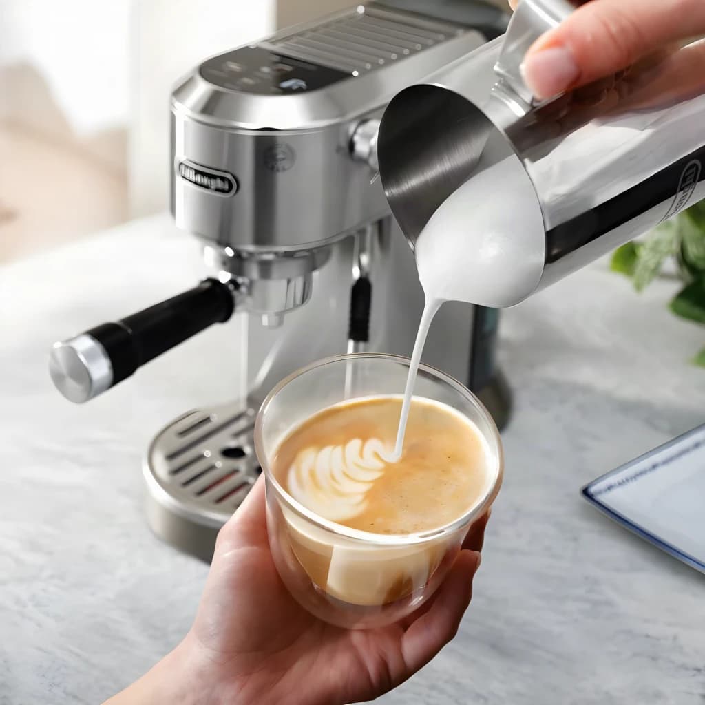 Machine Expresso De'Longhi Dedica Duo 1,1L Buse vapeur manuelle Café moulu et dosettes ESE Argent EC890.M, en utilisation