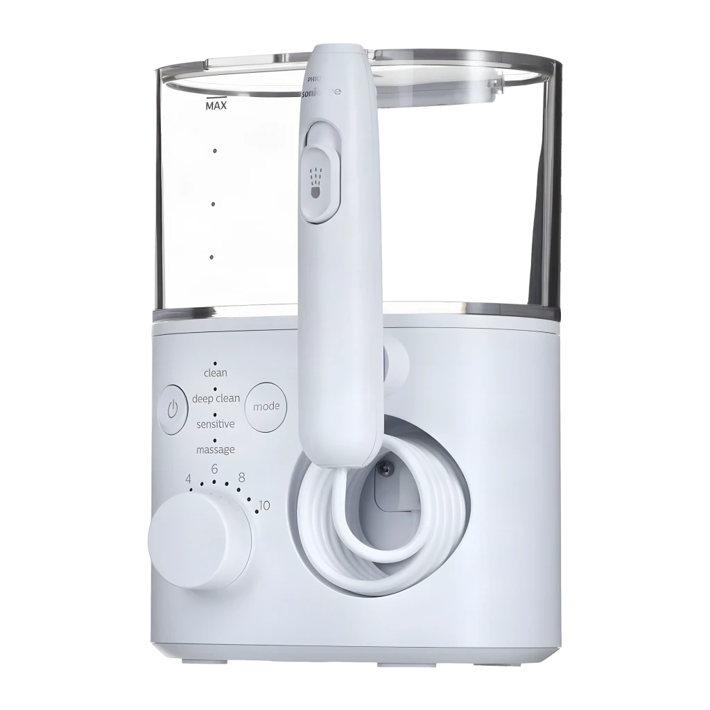 Irrigador dental Philips Sonicare Power Flosser 7000 Sin Cable Batería Blanco HX3911/40, detalle: panel frontal con modos
