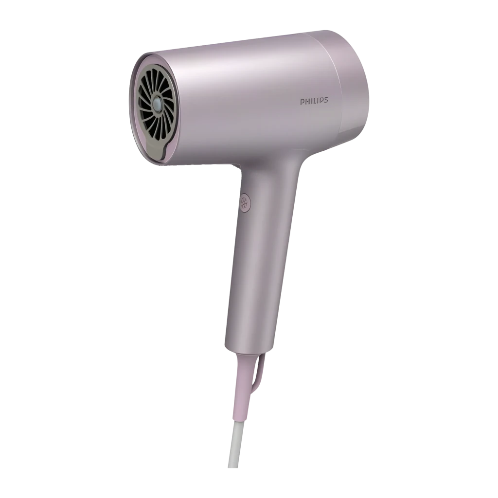 Secador de pelo Philips Serie 7000 Iónico 1800W Lila BHD723/10, vista frontal: cuerpo lila mate, rejilla frontal y logo