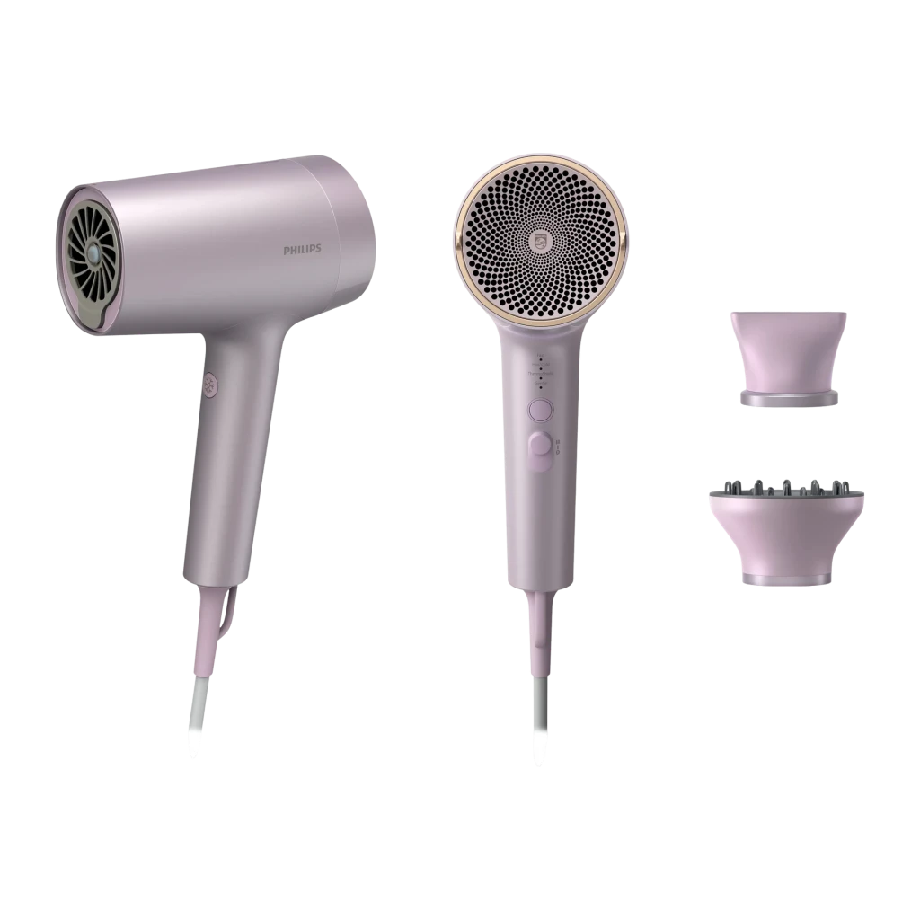 Secador de pelo Philips Serie 7000 Iónico 1800W Lila BHD723/10, detalle: vistas lateral y frontal con boquilla concentradora