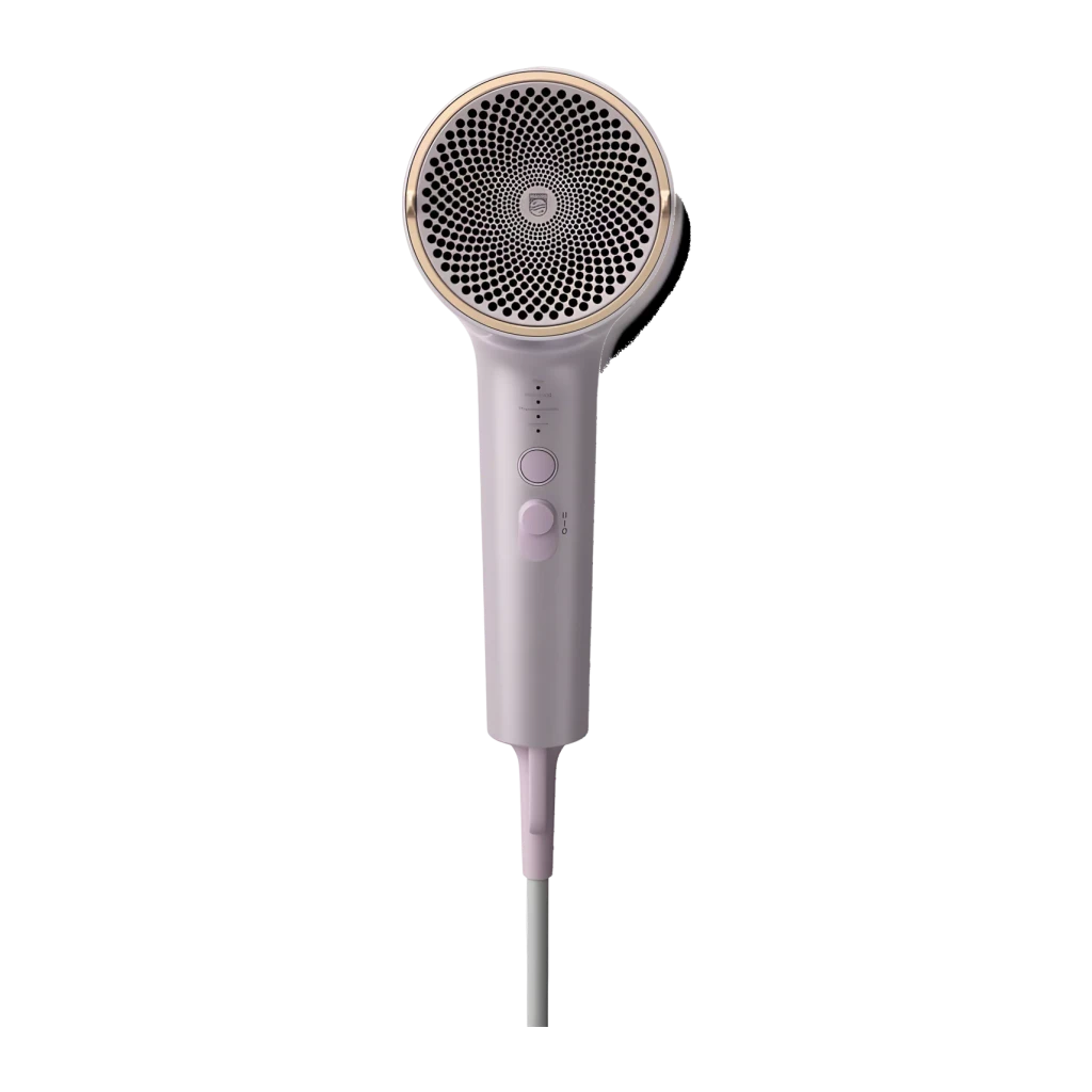 Secador de pelo Philips Serie 7000 Iónico 1800W Lila BHD723/10, detalle: rejilla circular dorada y mango con botones vistos