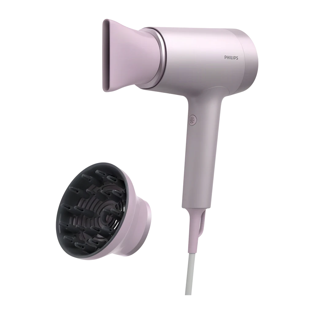 Secador de pelo Philips Serie 7000 Iónico 1800W Lila BHD723/10, detalle: secador con boquilla concentradora montada