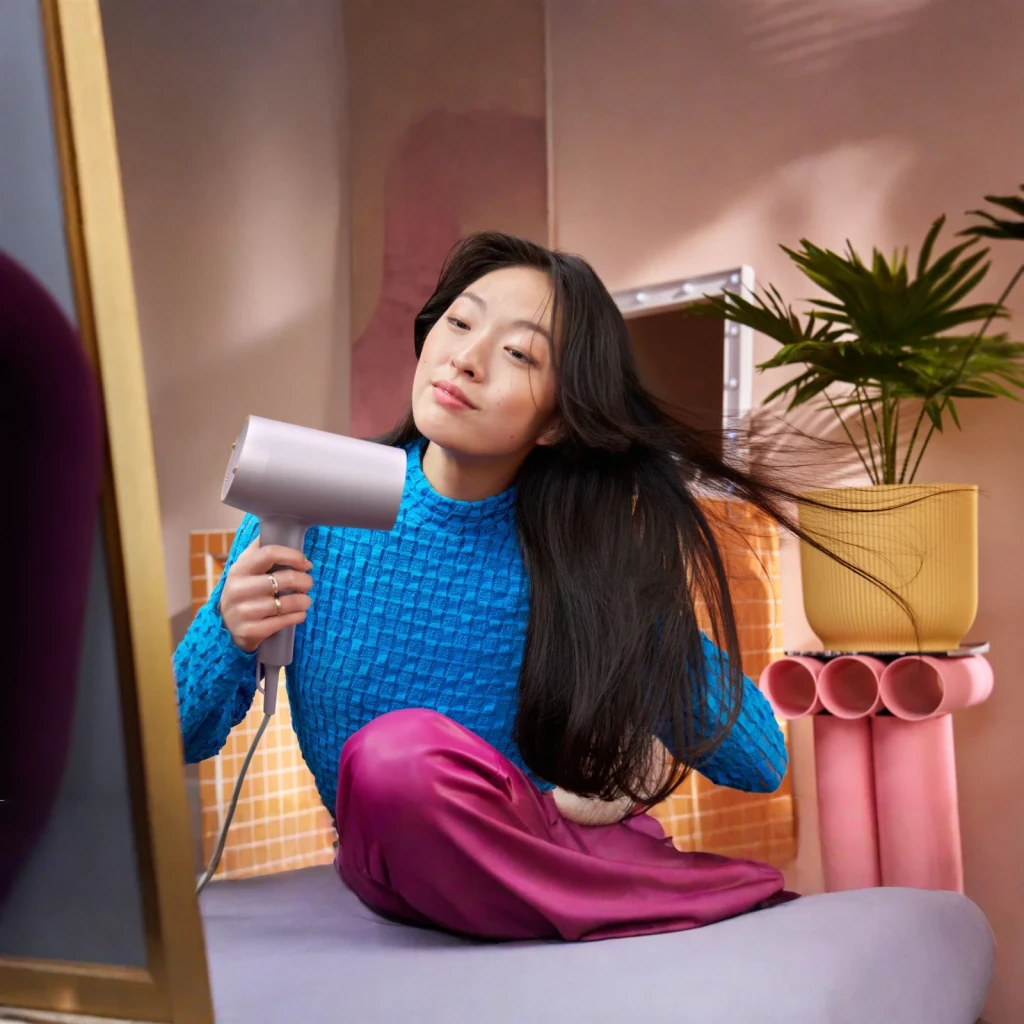 Secador de pelo Philips Serie 7000 Iónico 1800W Lila BHD723/10, en uso: mujer seca su cabello largo frente a espejo