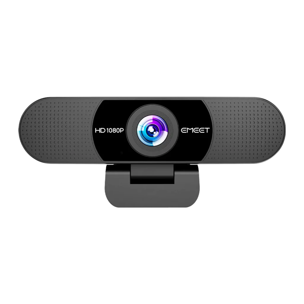 Webcam eMeet C960 Full HD 1080p Noir, vue de face: objectif central à reflet bleu, texte HD1080P et logo EMEET, clip