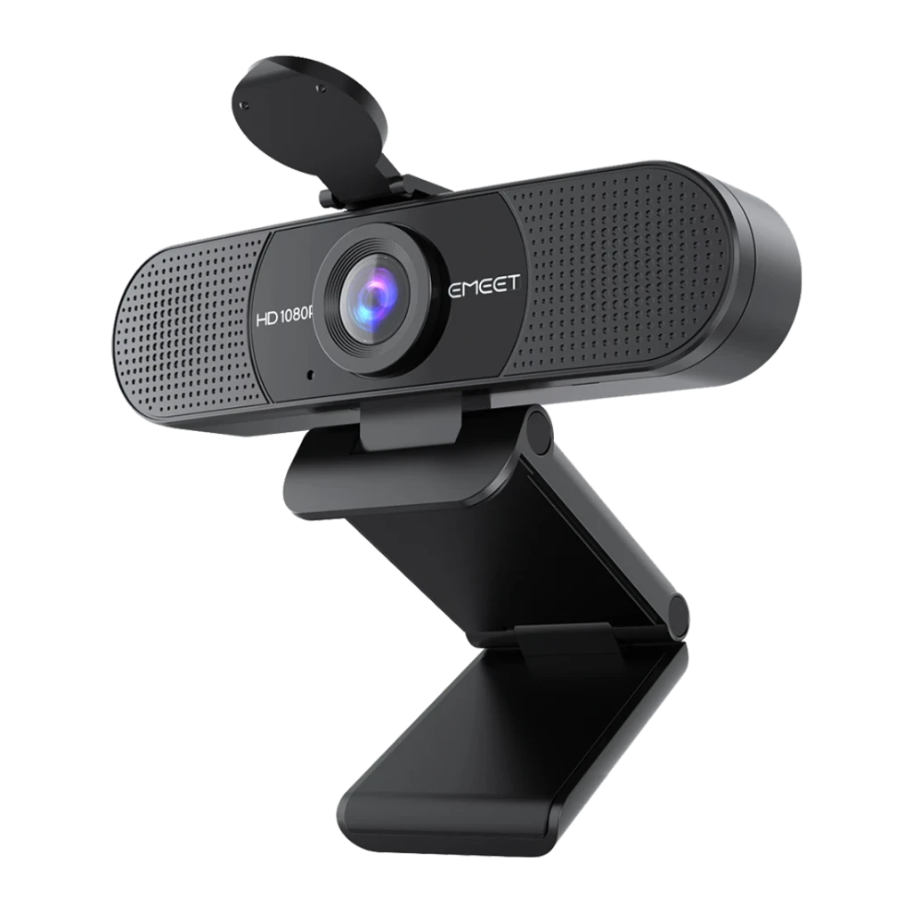 Webcam eMeet C960 Full HD 1080p Noir, détail: vue en angle avec cache-confidentialité ouvert, objectif et microphone visibles