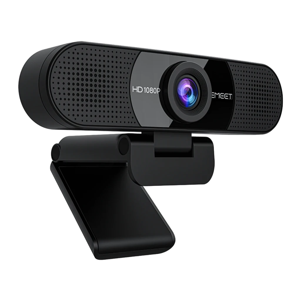 Webcam eMeet C960 Full HD 1080p Noir, détail: objectif central à reflet violet, grilles de microphone et support articulé