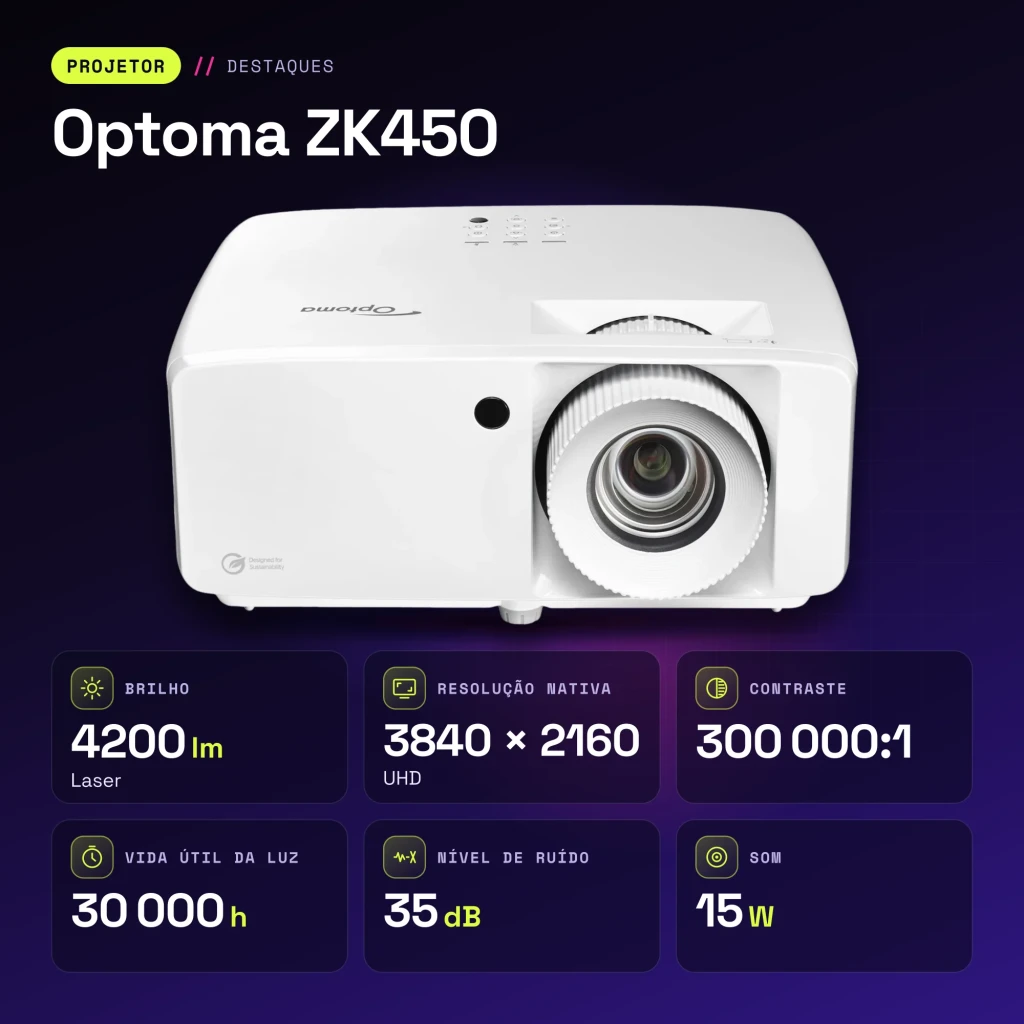 Projetor Optoma 4K UHD 4200 lúmens ANSI Laser DLP Branco ZK450 - características