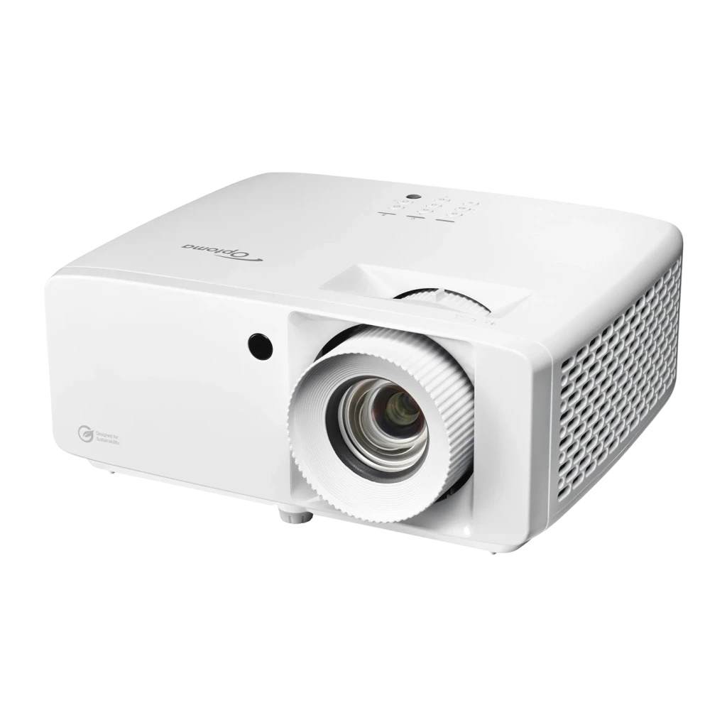 Projetor Optoma 4K UHD 4200 lúmens ANSI Laser DLP Branco ZK450, detalhe: objetiva estriada, grelha lateral e painel