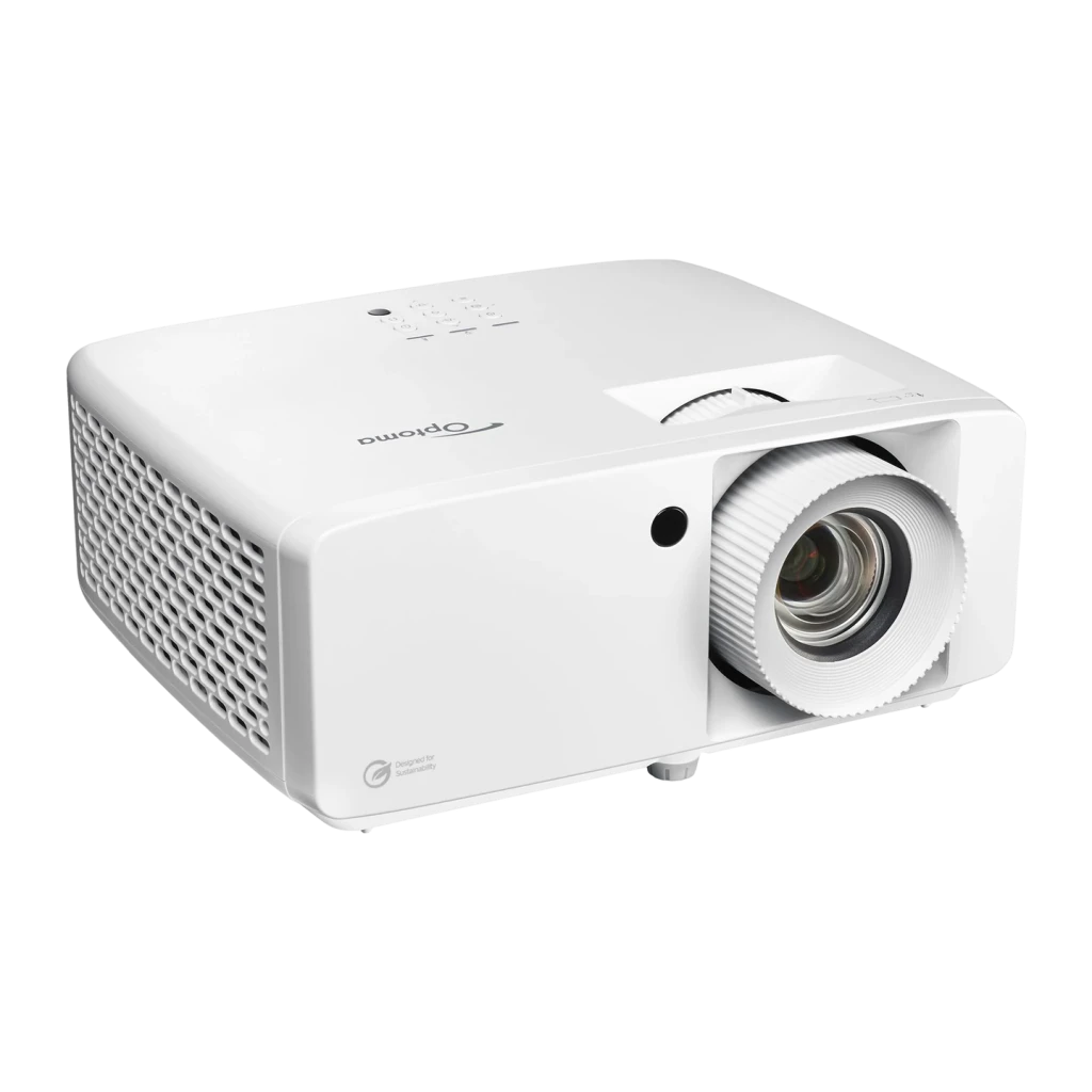 Projetor Optoma 4K UHD 4200 lúmens ANSI Laser DLP Branco ZK450, detalhe: objetiva estriada, grelha lateral e painel