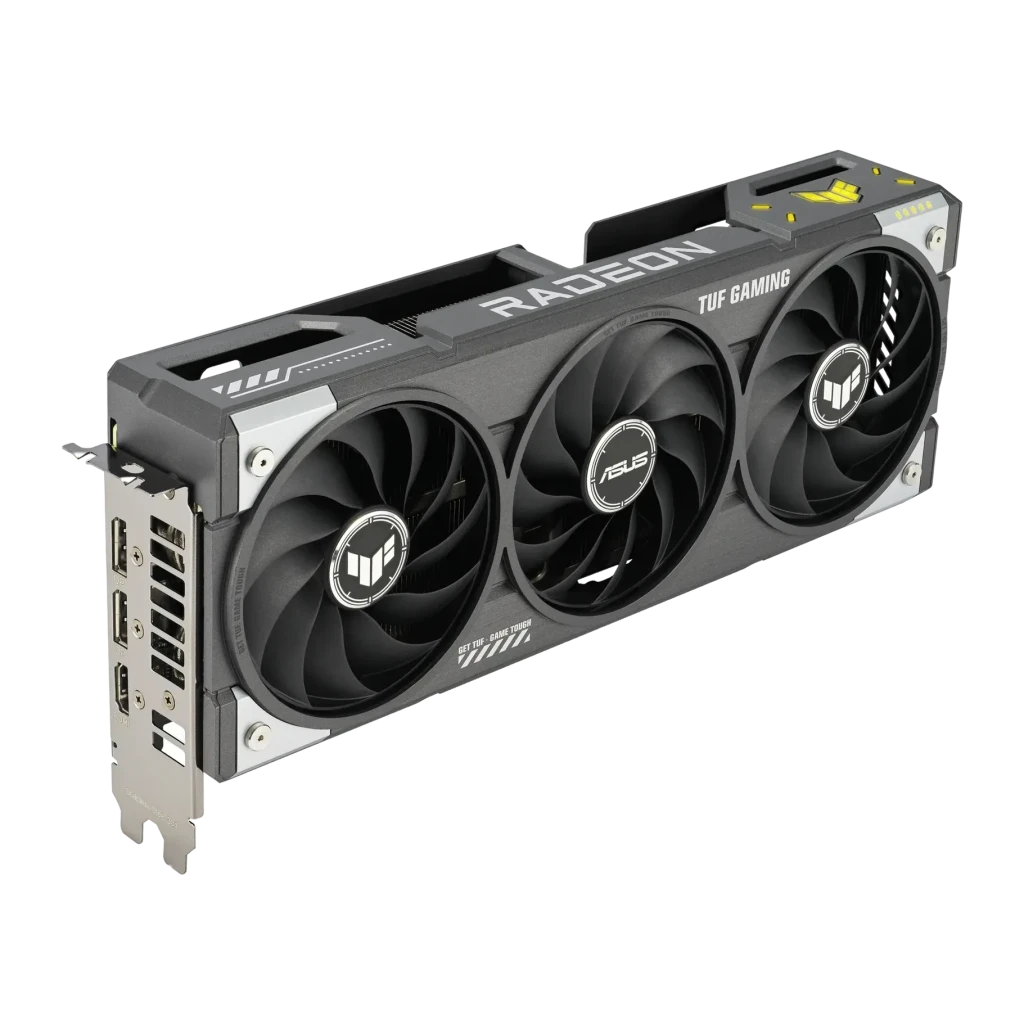 ASUS TUF Gaming Radeon RX 9060 XT OC 16GB GDDR6 Negro, vista frontal: triple ventilador con logos TUF y ASUS, carcasa gris