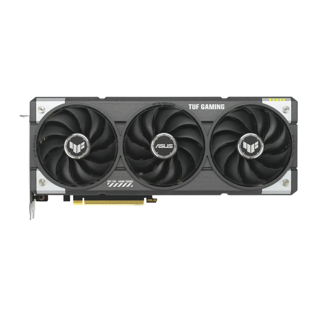 ASUS TUF Gaming Radeon RX 9060 XT OC 16GB GDDR6 Negro, detalle frontal: tres ventiladores con logos TUF y ASUS, cubierta