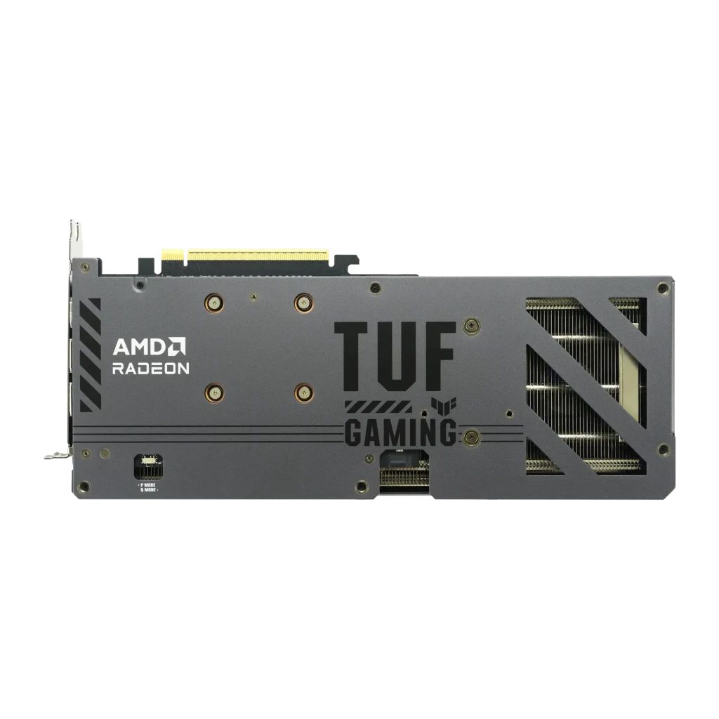 ASUS TUF Gaming Radeon RX 9060 XT OC 16GB GDDR6 Negro, vista trasera: backplate gris con logo AMD Radeon, TUF Gaming
