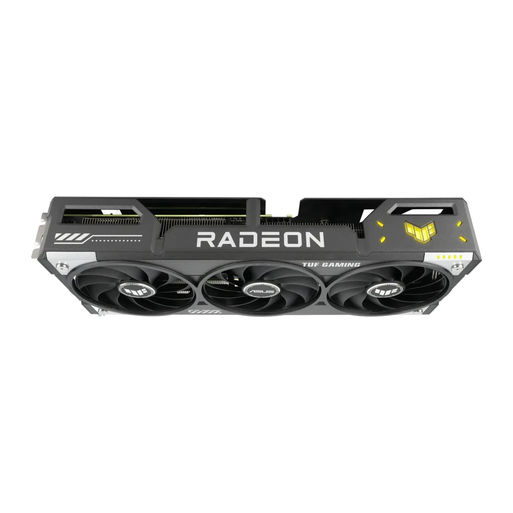 ASUS TUF Gaming Radeon RX 9060 XT OC 16GB GDDR6 Negro, detalle superior: tres ventiladores, logo Radeon y emblema TUF dorado