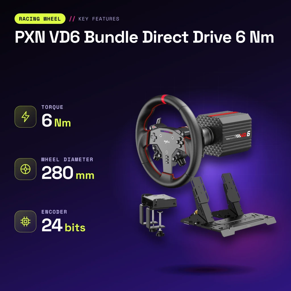Volant de simulation PXN VD6 Bundle Direct Drive 6 Nm PC Pédales Hall incluses - caractéristiques