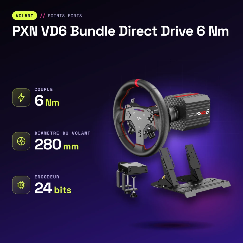 Volant de simulation PXN VD6 Bundle Direct Drive 6 Nm PC Pédales Hall incluses - caractéristiques