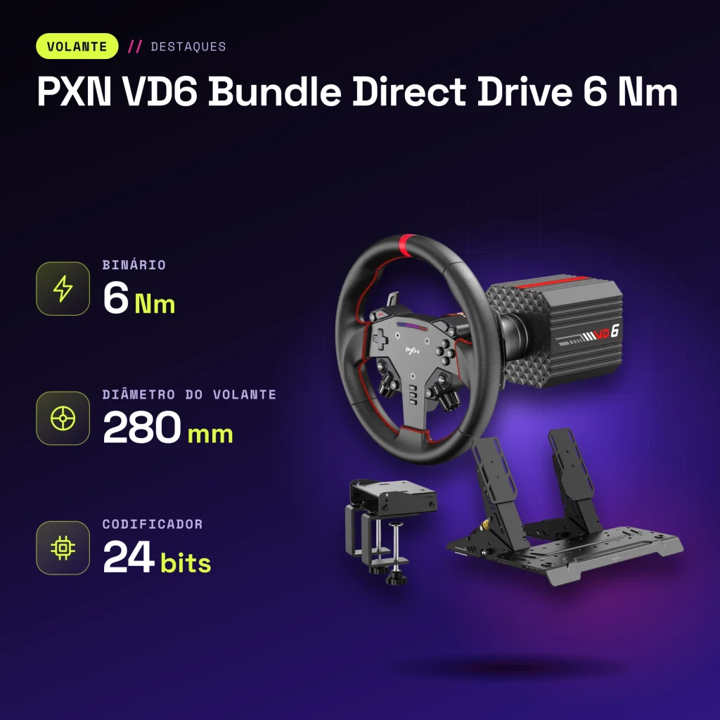 Volant de simulation PXN VD6 Bundle Direct Drive 6 Nm PC Pédales Hall incluses - caractéristiques