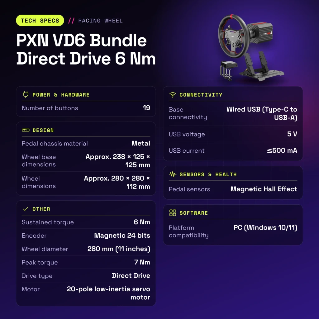 Volant de simulation PXN VD6 Bundle Direct Drive 6 Nm PC Pédales Hall incluses - caractéristiques