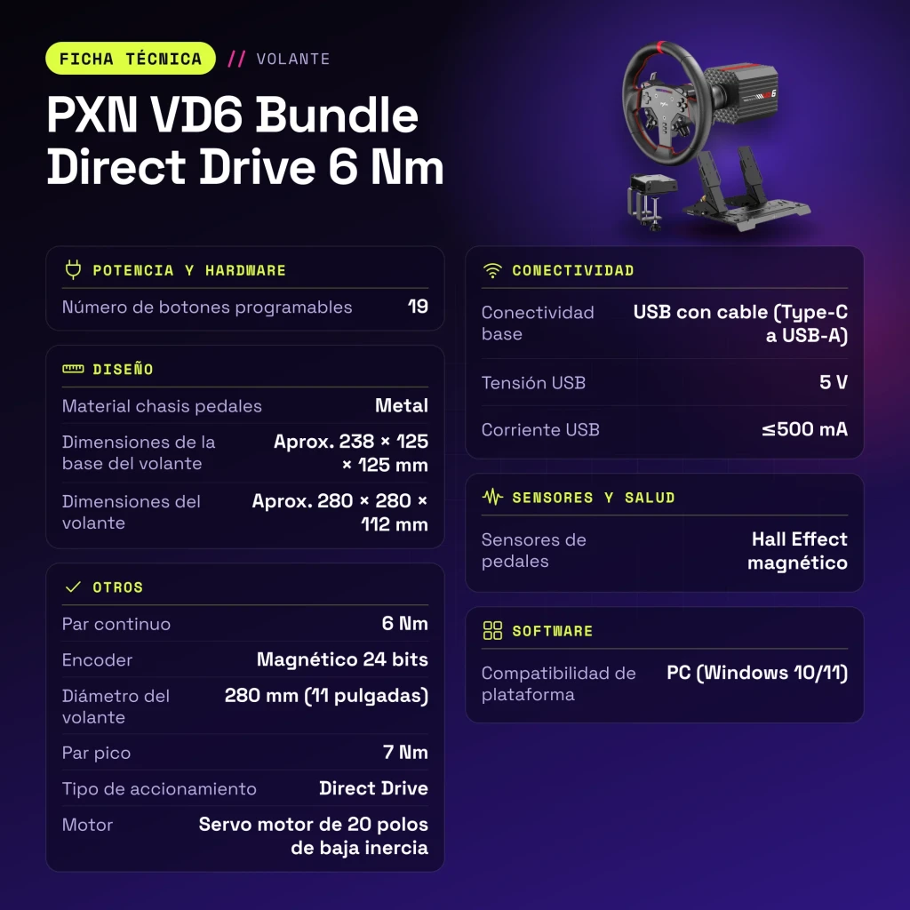 Volant de simulation PXN VD6 Bundle Direct Drive 6 Nm PC Pédales Hall incluses - caractéristiques