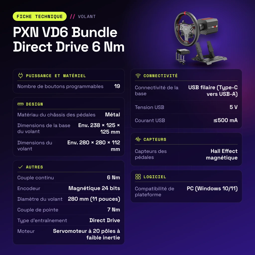 Volant de simulation PXN VD6 Bundle Direct Drive 6 Nm PC Pédales Hall incluses - caractéristiques