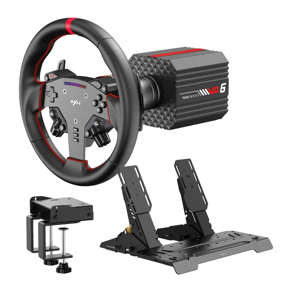 Volant de simulation PXN VD6 Bundle Direct Drive 6 Nm PC Pédales Hall incluses, vue de face: volant coutures rouges, base