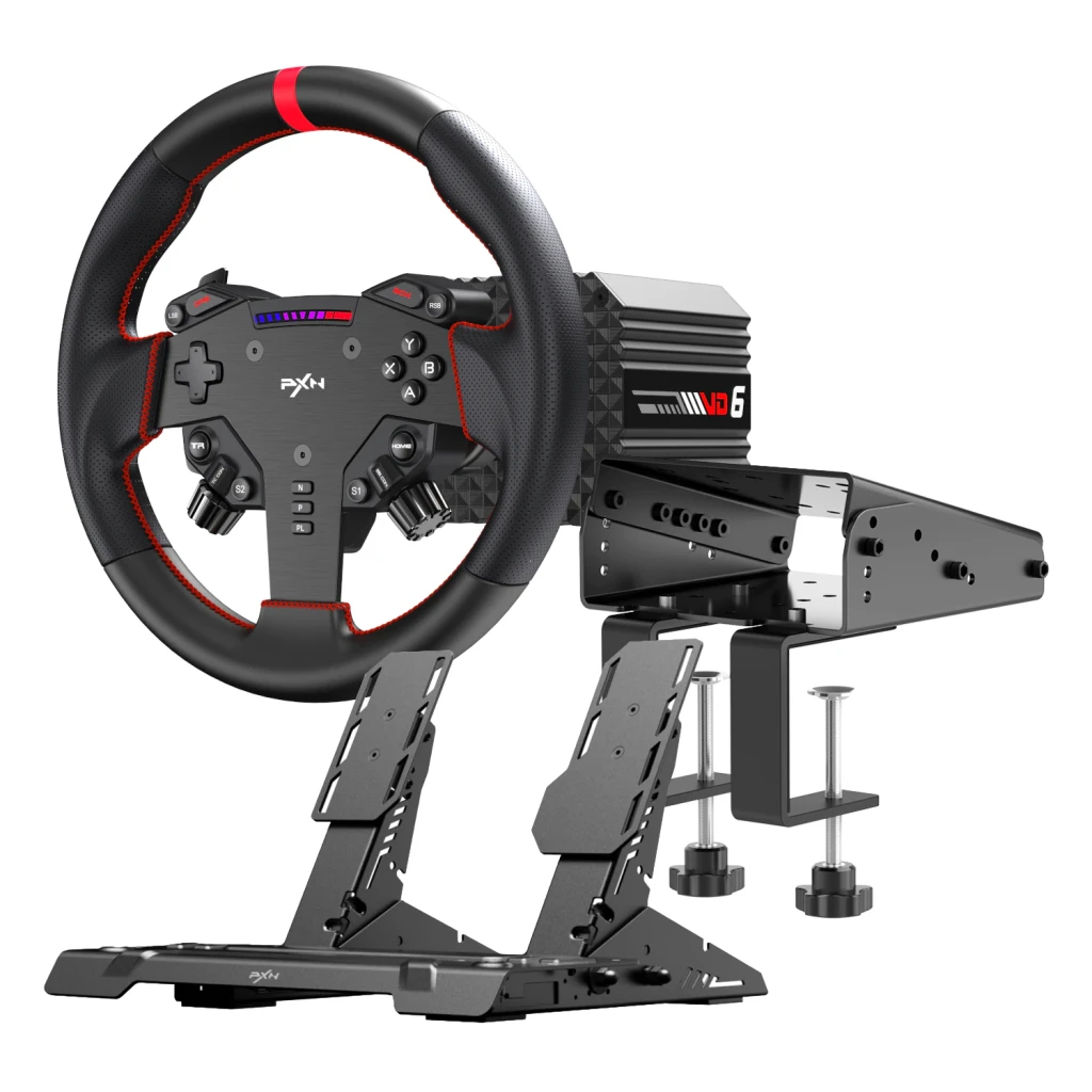 Volant de simulation PXN VD6 Bundle Direct Drive 6 Nm PC Pédales Hall incluses, en utilisation: volant noir liseré rouge
