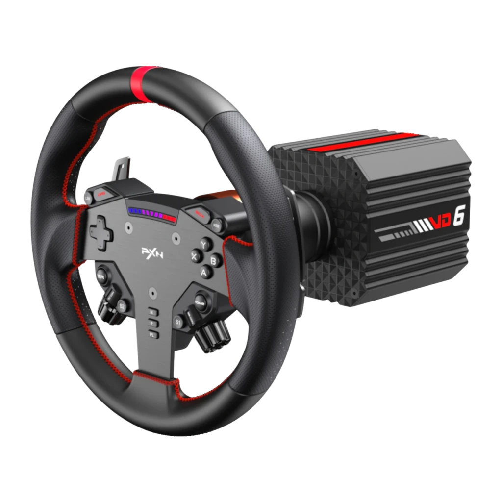 Volant de simulation PXN VD6 Bundle Direct Drive 6 Nm PC Pédales Hall incluses, détail: base direct drive avec logo VD6