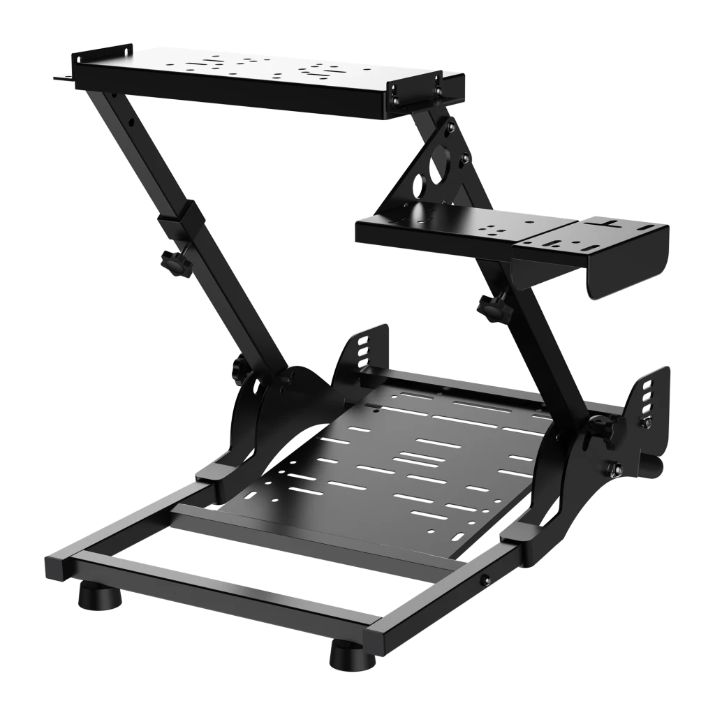 Soporte para volante PXN Acero PXN-A10, vista frontal: estructura metálica negra con plataforma superior, bandeja media