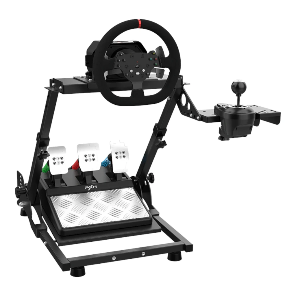 Soporte para volante PXN Acero PXN-A10, en uso: volante, pedales metálicos y palanca de cambios montados en estructura negra