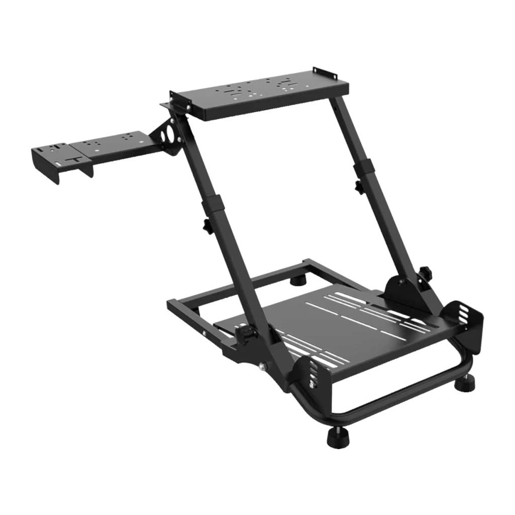 Soporte para volante PXN Acero PXN-A10, detalle: vista en perspectiva de estructura metálica negra con plataforma de pedales