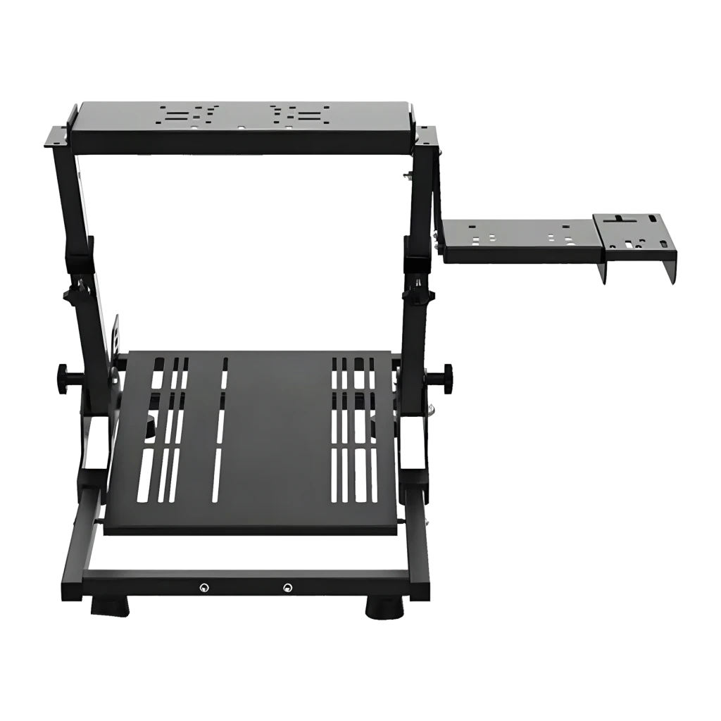 Soporte para volante PXN Acero PXN-A10, detalle: estructura metálica negra con bandeja de pedales ranurada y soporte lateral