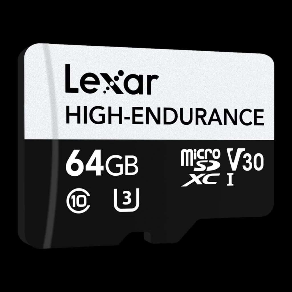 Cartão microSD Lexar High-Endurance microSDXC 64GB V30 U3 A1 UHS-I, vista frontal: design bicolor branco e preto com logos