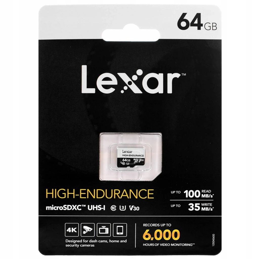 Cartão microSD Lexar High-Endurance microSDXC 64GB V30 U3 A1 UHS-I, conteúdo da caixa: blister preto com cartão visível
