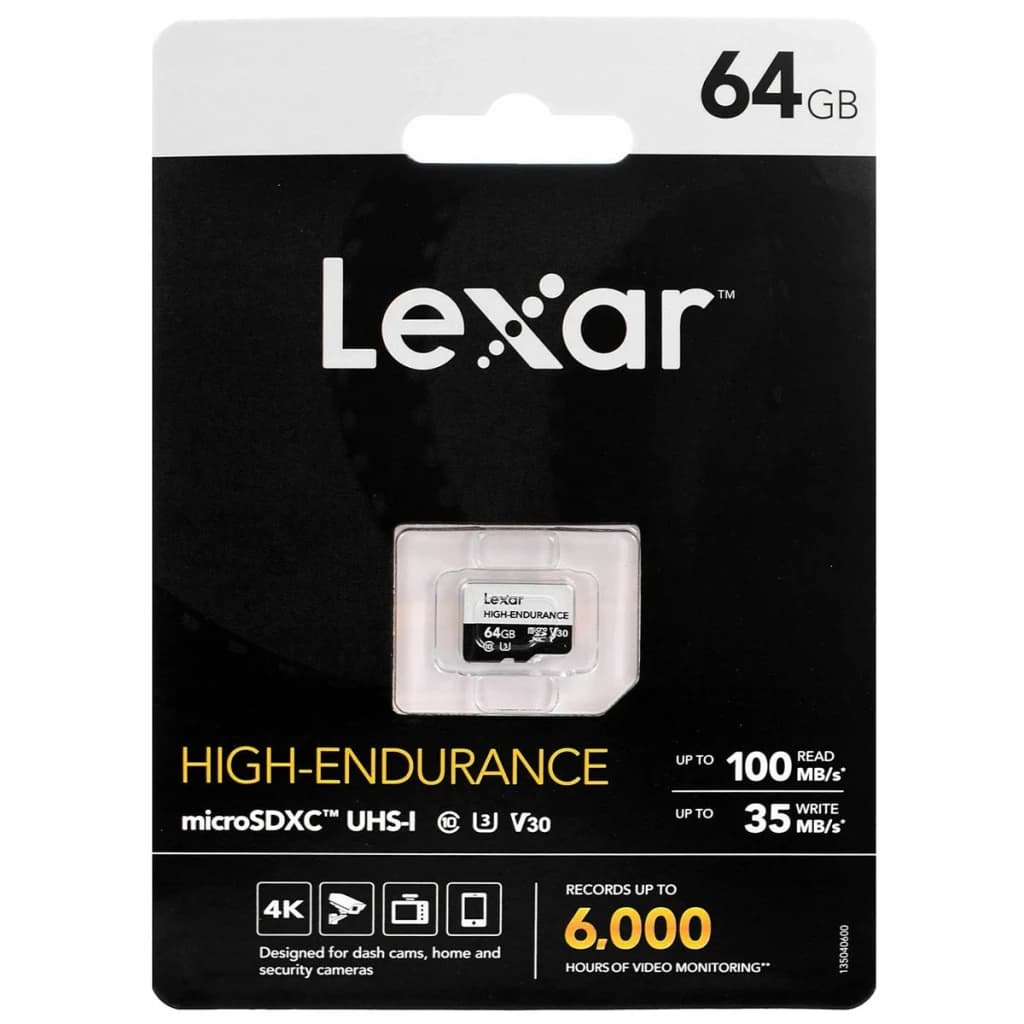 Cartão microSD Lexar High-Endurance microSDXC 64GB V30 U3 A1 UHS-I, conteúdo da caixa: blister preto com cartão visível