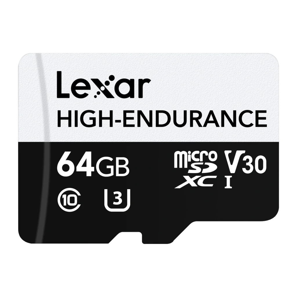 Cartão microSD Lexar High-Endurance microSDXC 64GB V30 U3 A1 UHS-I, detalhe: face frontal com logos 64GB, V30, U3 e Class 10