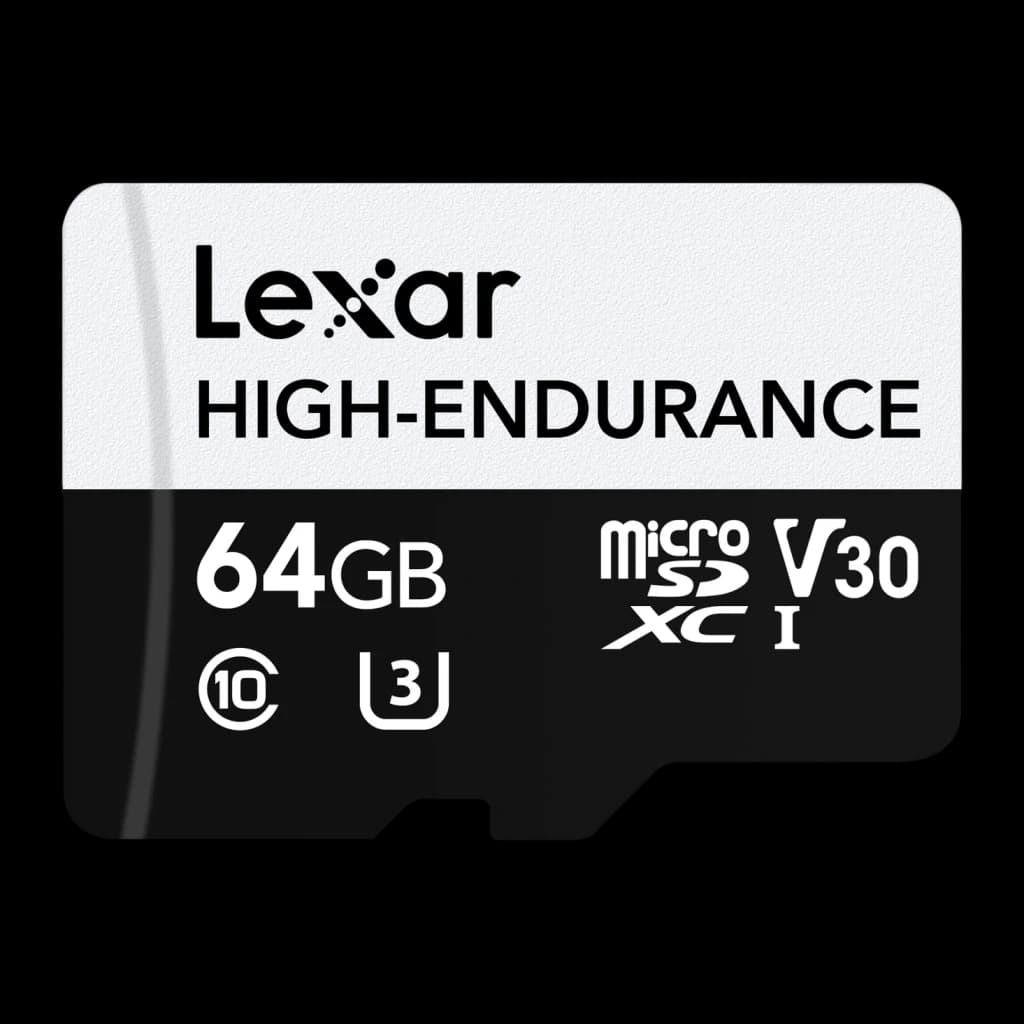 Cartão microSD Lexar High-Endurance microSDXC 64GB V30 U3 A1 UHS-I, detalhe: face frontal com logos 64GB, V30, U3 e Class 10
