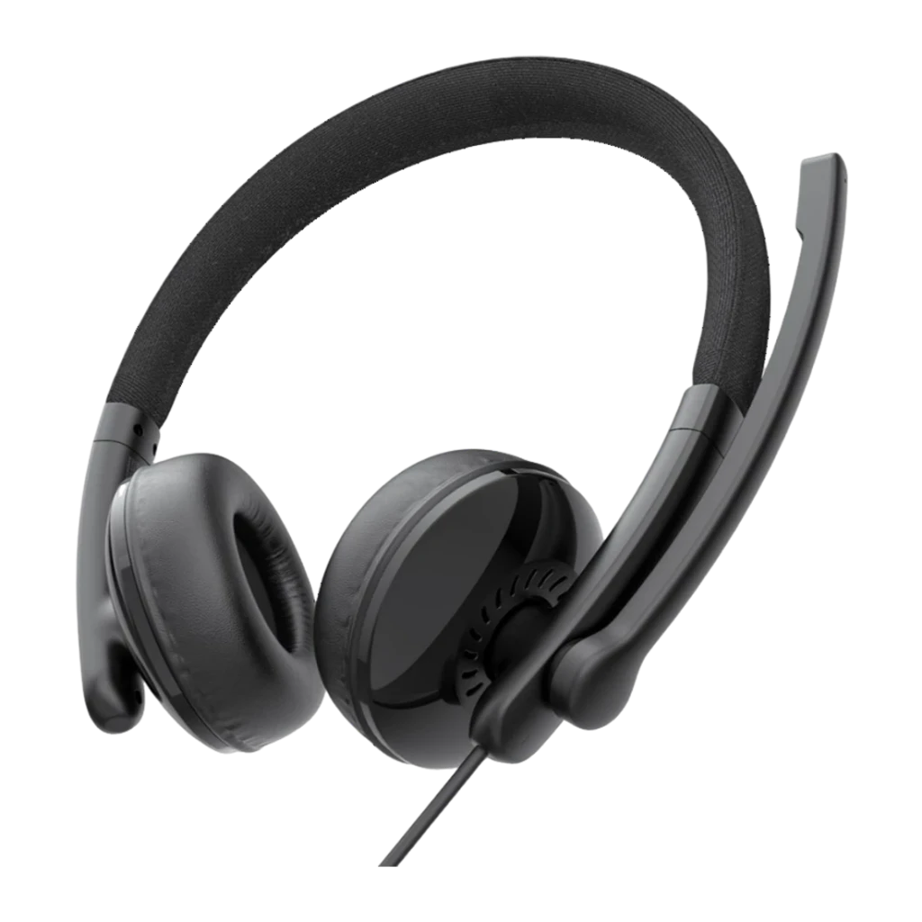 Casque eMeet GeniusCall HS50 Réduction de Bruit ENC Supra-Aural USB-C/USB-A Noir, détail: coussinets, molette de volume