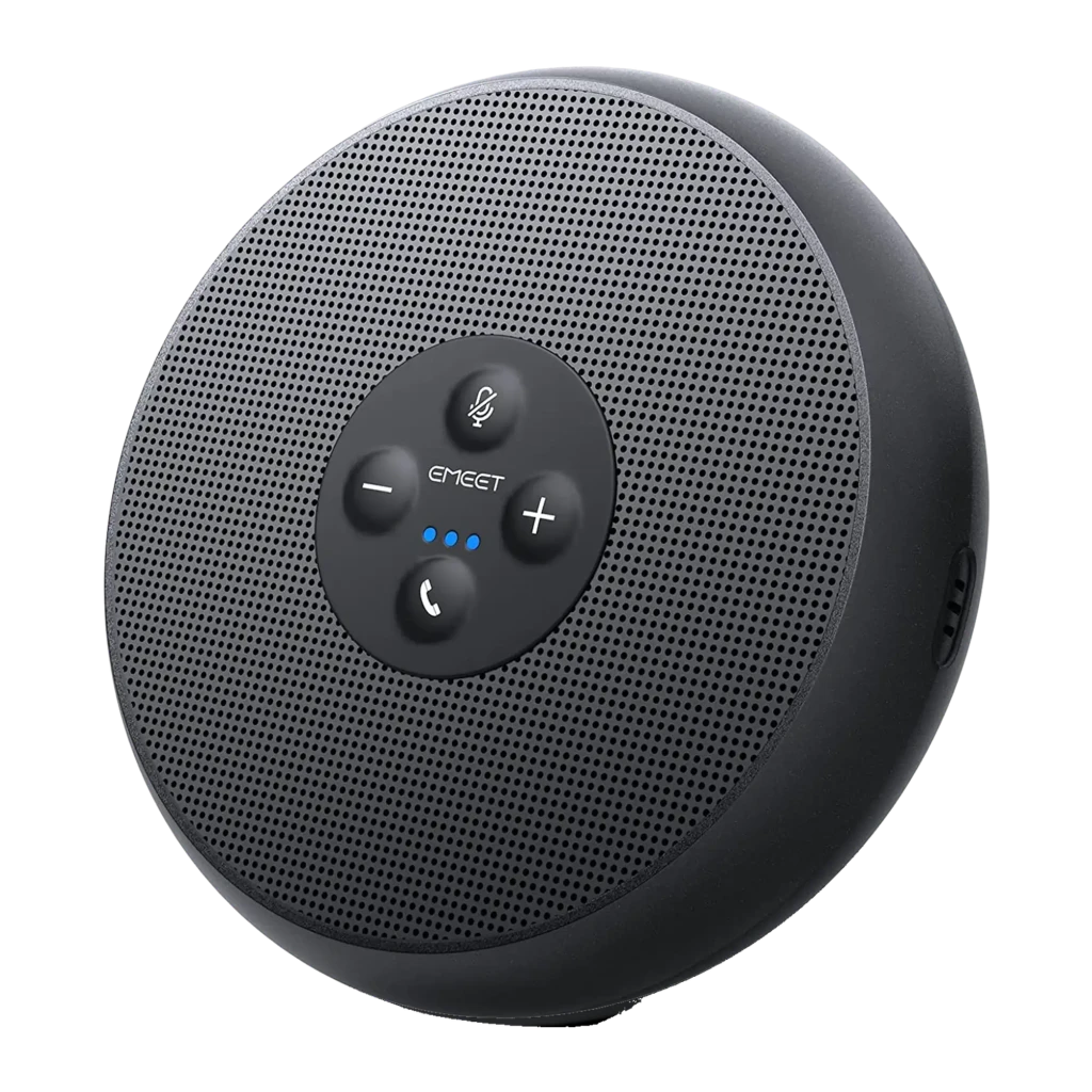 Haut-parleur de conférence eMeet OfficeCore M1A 3W USB-C Noir, vue de face: forme circulaire, grille métallique et boutons