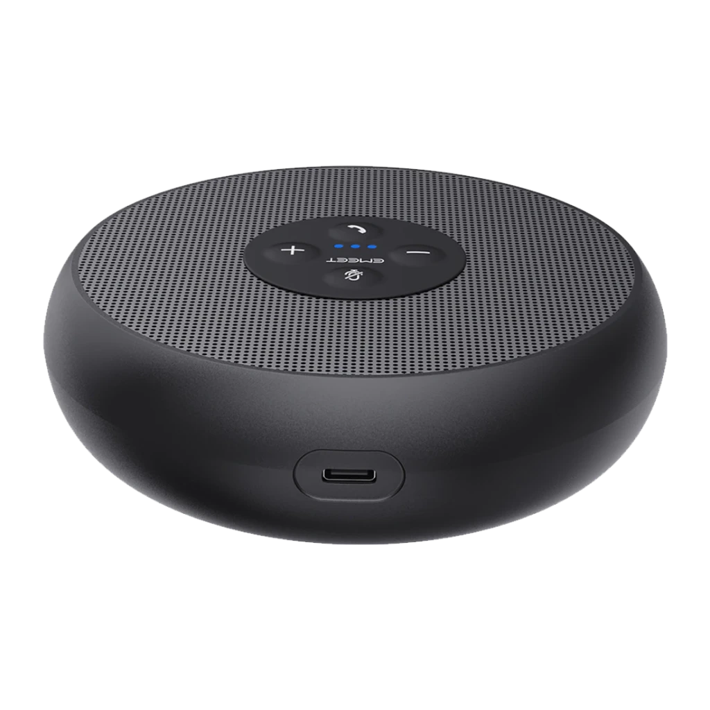 Haut-parleur de conférence eMeet OfficeCore M1A 3W USB-C Noir, détail: grille supérieure, boutons tactiles avec LEDs bleues