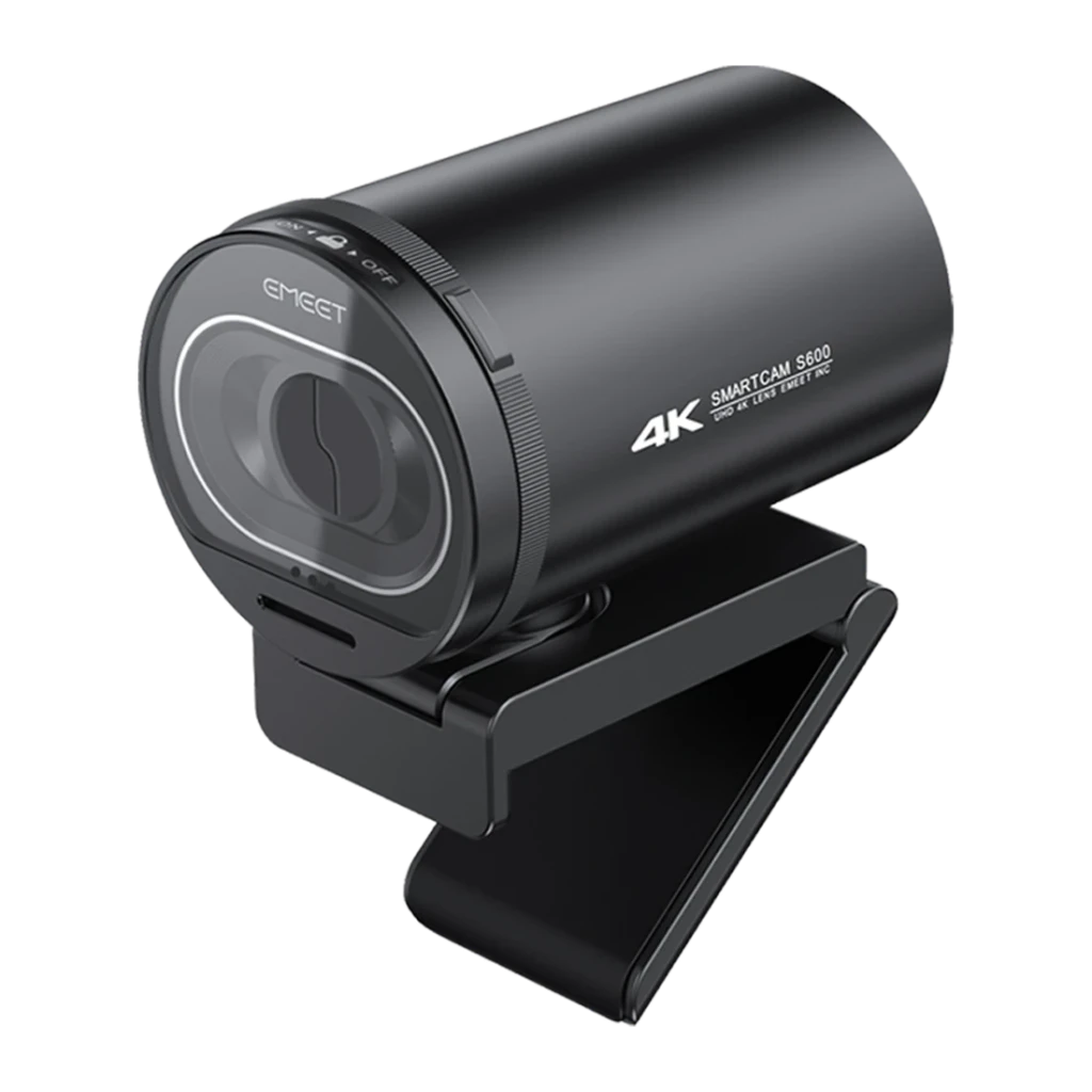 Webcam EMEET SmartCam S600 4K Ultra HD avec Microphone Noir, vue de face: corps cylindrique noir avec objectif central, logo