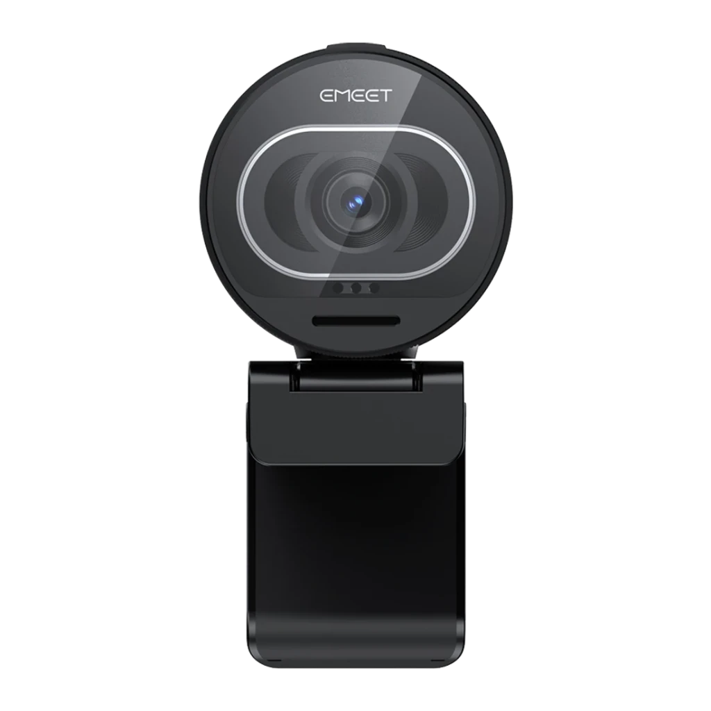 Webcam EMEET SmartCam S600 4K Ultra HD avec Microphone Noir, détail avant: objectif central avec anneau argenté et logo EMEET