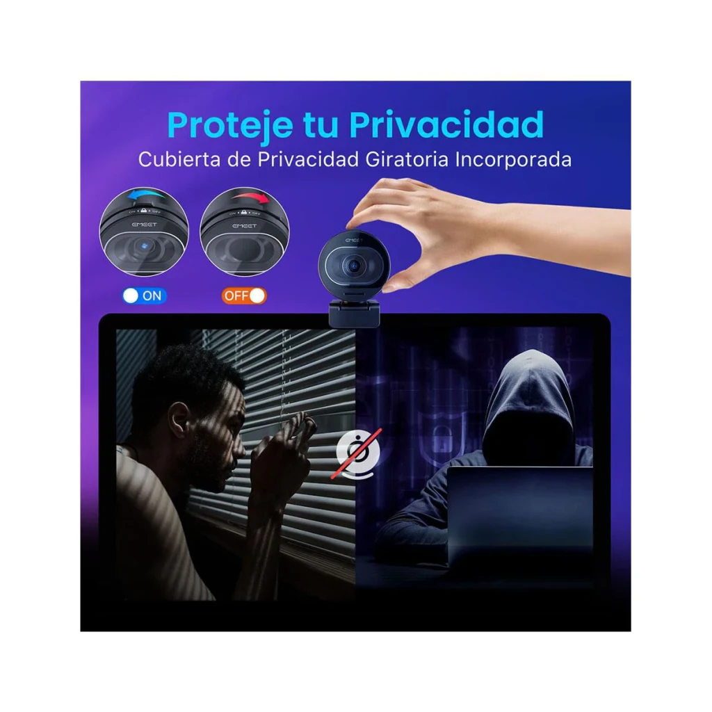 Webcam EMEET SmartCam S600 4K Ultra HD avec Microphone Noir, cache vie privée: main tournant le cache intégré pour activer