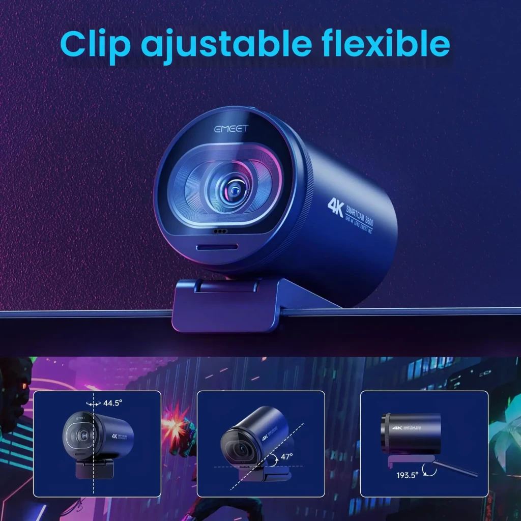 Webcam EMEET SmartCam S600 4K Ultra HD avec Microphone Noir, clip flexible: angles 44,5°, 47° et rotation 193,5° illustrés